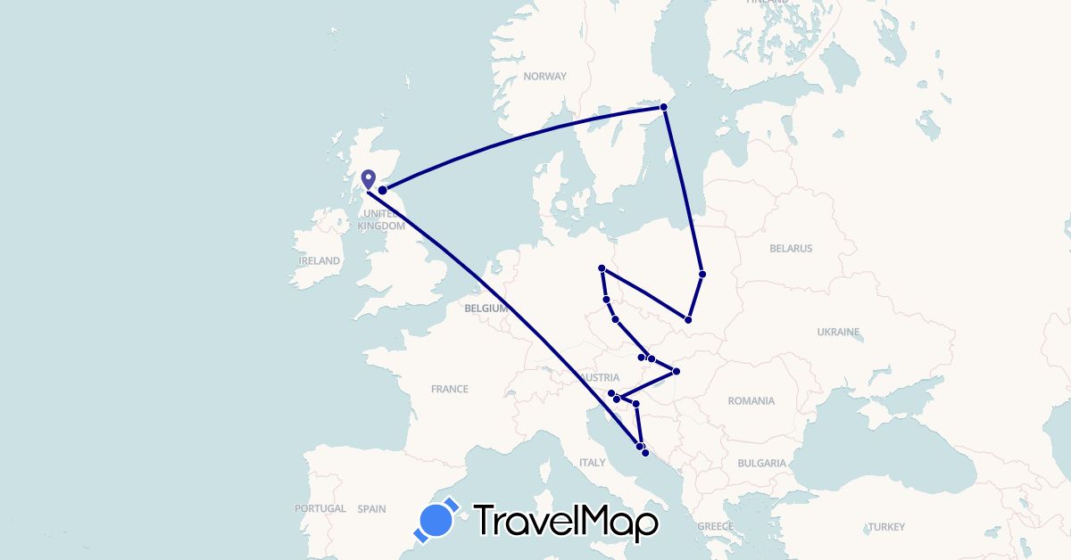 TravelMap itinerary: driving in Austria, Czech Republic, Germany, United Kingdom, Croatia, Hungary, Poland, Sweden, Slovenia, Slovakia (Europe)